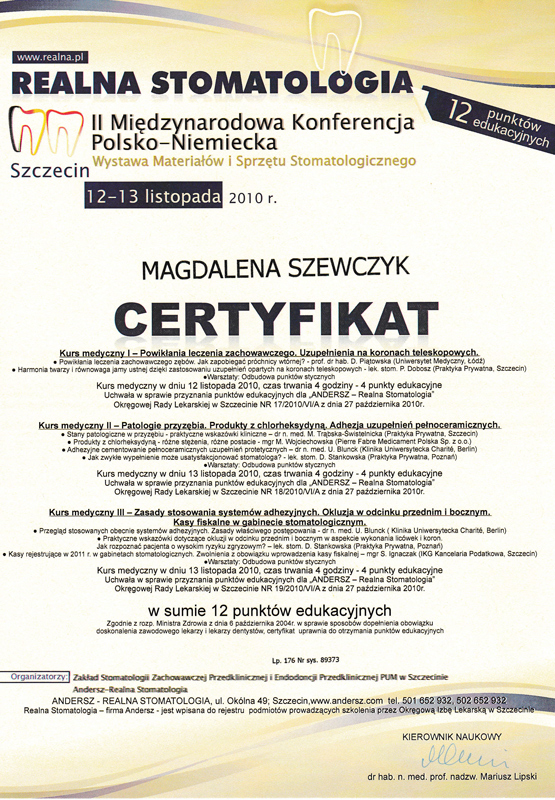 certyfikaty 12-13 listopada 2010