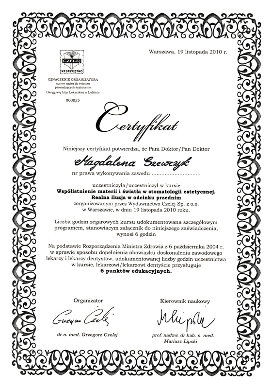 certyfikat 19 listopada 2010