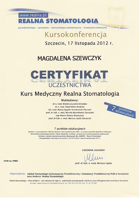 certyfikat 17 listopada 2012