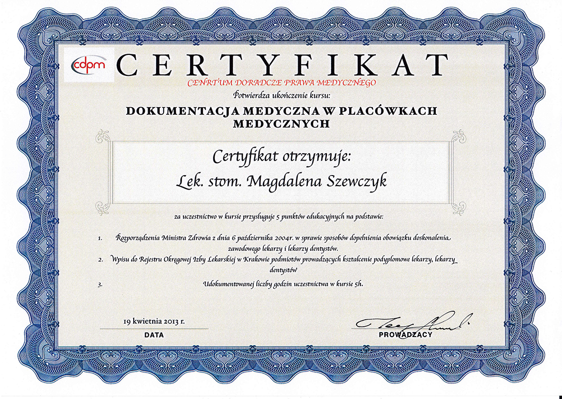 certyfikat 19 kwietnia 2013