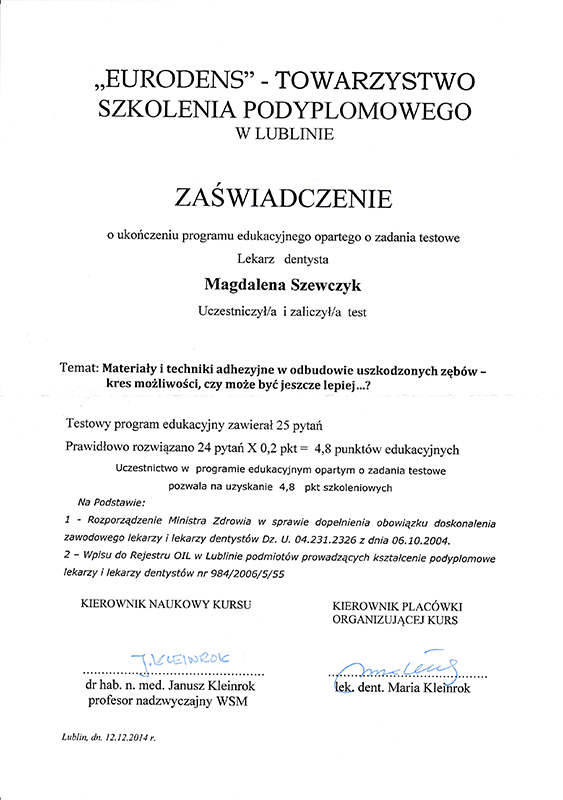certyfikat 12 grudnia 2014