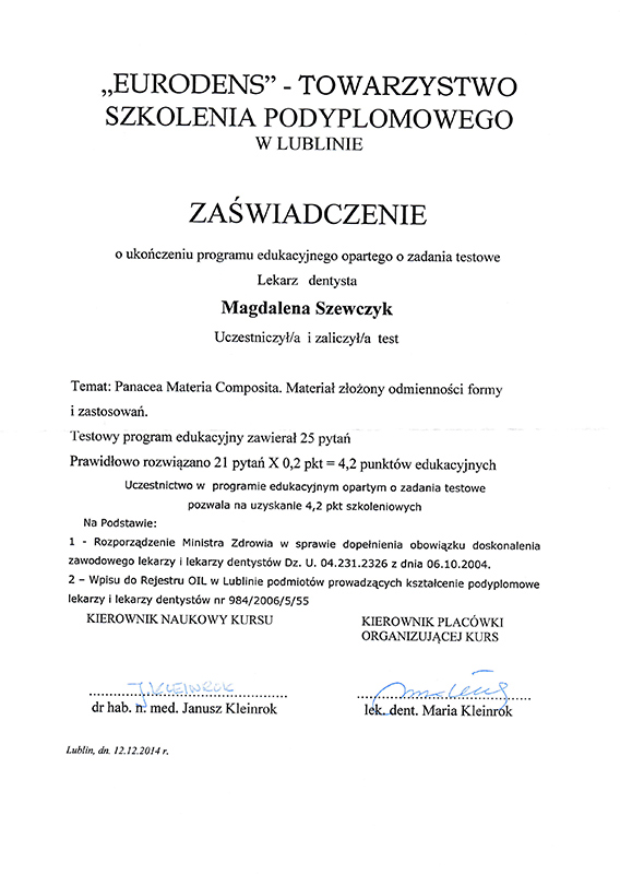 certyfikat 12 grudnia 2014